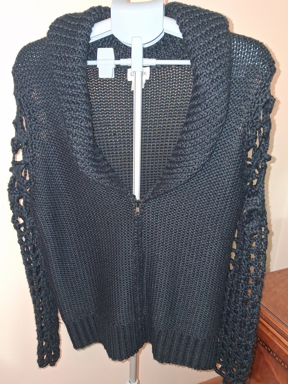 Vintage Together Black Funky Sleeves Open-Knit Zip-Front Cardigan Sweater